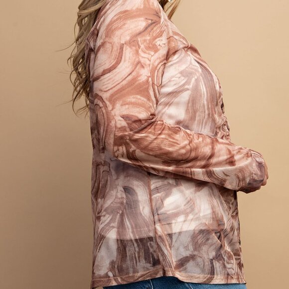 NEW Sheer Cream Mocha Swirl Button Down Ruched Long Sleeve Blouse Top PLUS SIZE - Picture 4 of 8